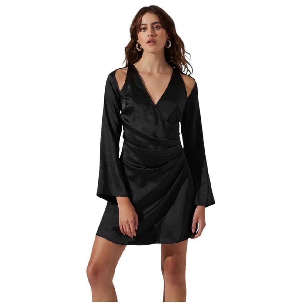 Astr Shoulder Cutout Long Sleeve Satin Mini Dress in Black Medium NWOT